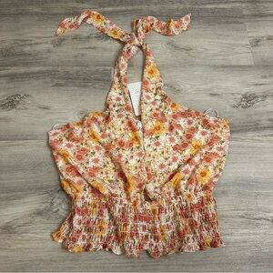 Sienna Sky Orange Pink Smocked Tie Front Blouse